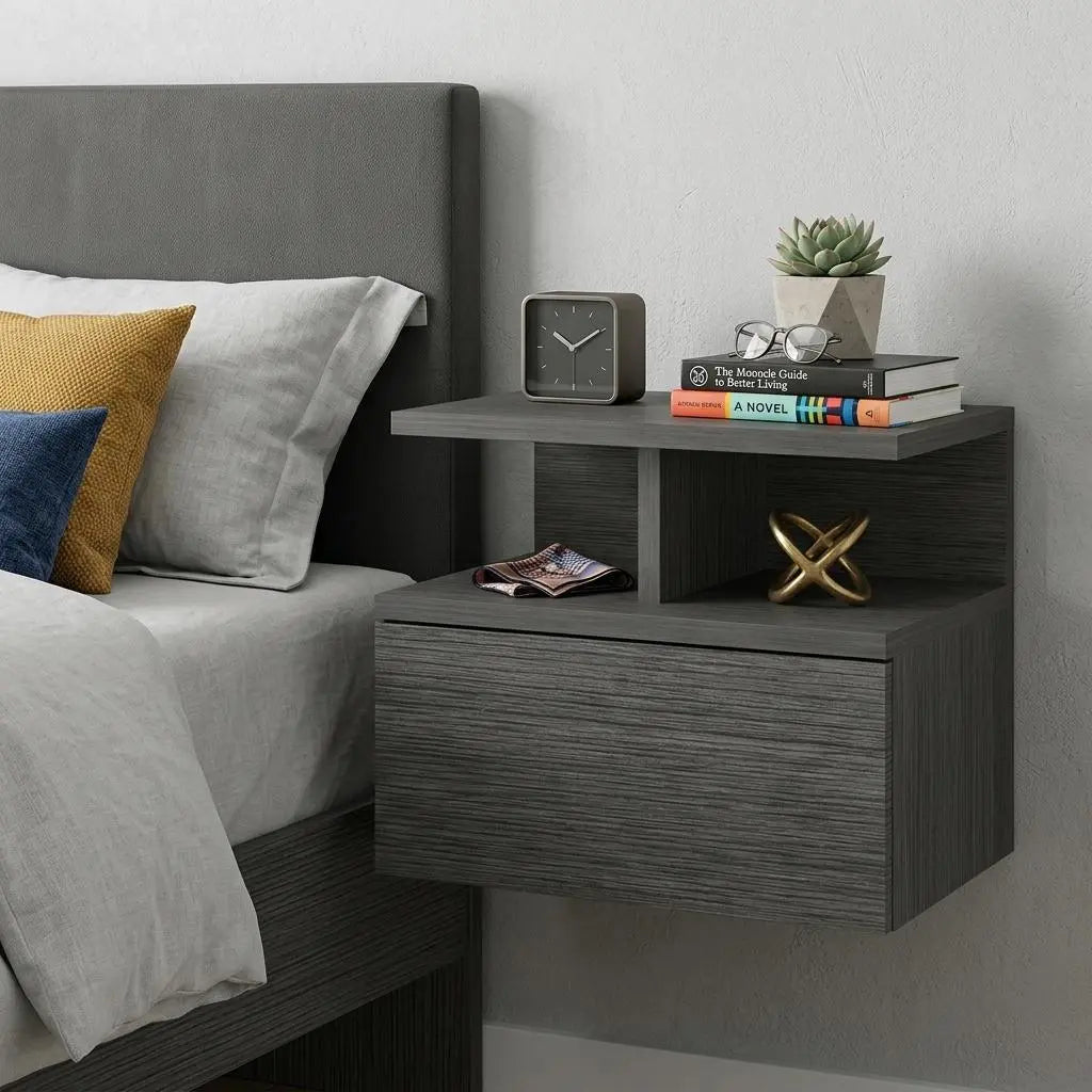 13" Dark Gray Wood One Drawer Floating Nightstand Homeroots Bed & Bath
