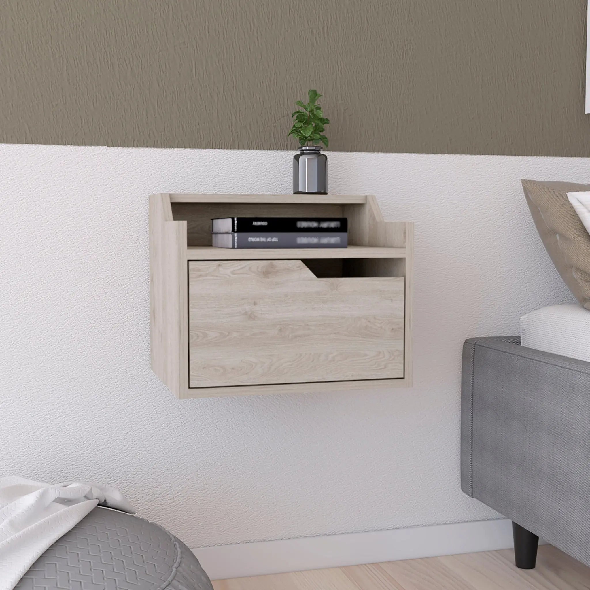 13" Gray Wood One Drawer Floating Nightstand Homeroots Bed & Bath