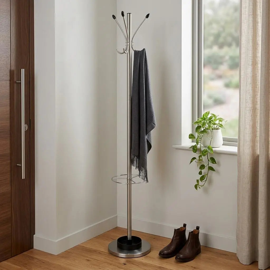13" X 68" Brushed Steel Brushed Steel Stand  Coat Rack Homeroots Organization