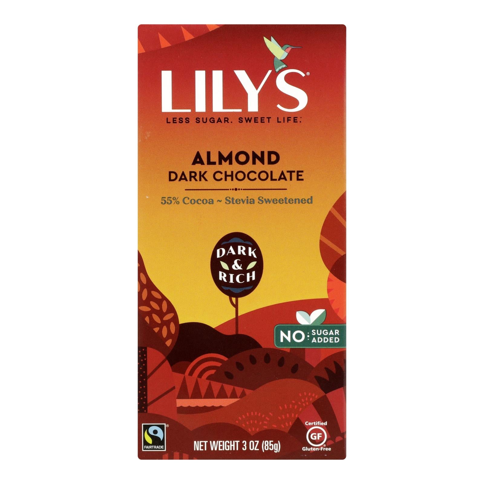 Lily's Sweets Chocolate Bar - Dark Chocolate - 55 Percent Cocoa - Almond - 3 Oz Bars - Case Of 12 - GreatEagleInc