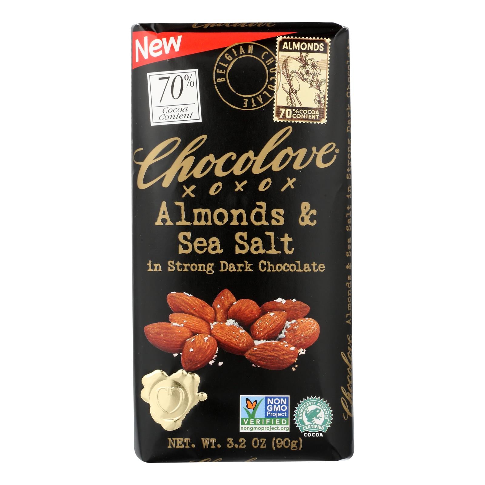 Chocolove Xoxox - Bar - Almond - Sea Salt - 70% Dark Chocolate - Case Of 12 - 3.2 Oz - GreatEagleInc