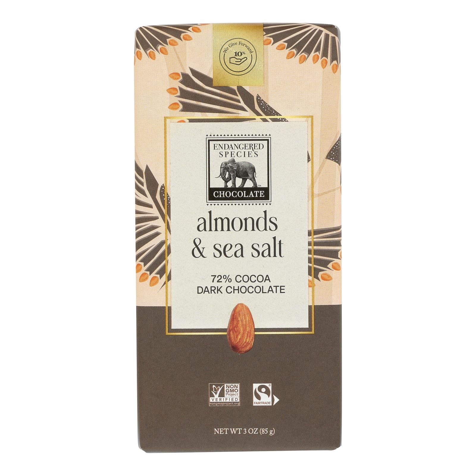 Endangered Species Natural Chocolate Bar - Dark Chocolate - 72 Percent Cocoa - Sea Salt And Almonds - 3 Oz Bars - Case Of 12 - GreatEagleInc