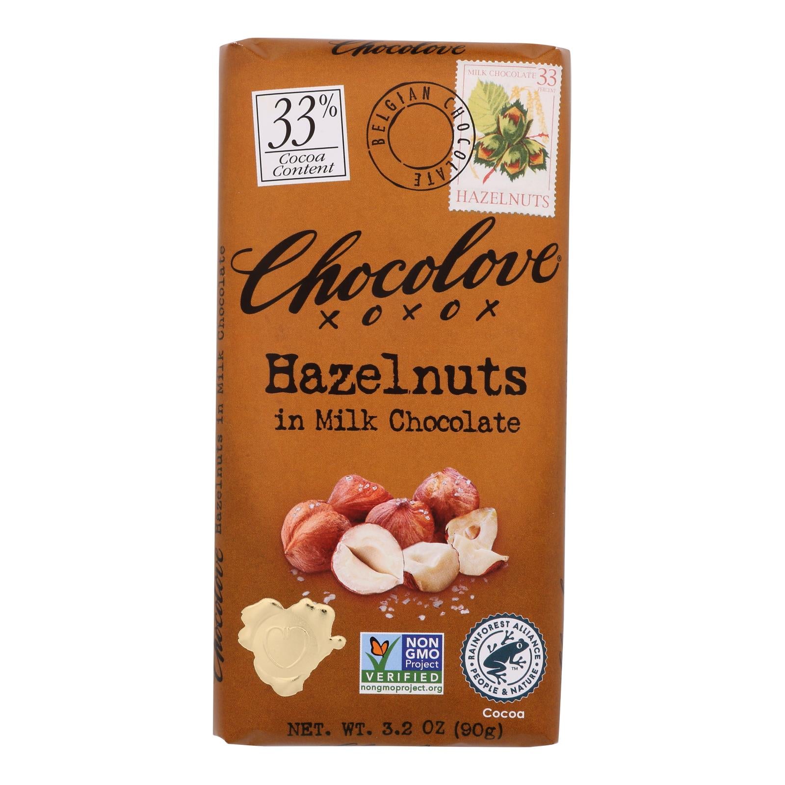 Chocolove Xoxox - Premium Chocolate Bar - Milk Chocolate - Hazelnuts - 3.2 Oz Bars - Case Of 12 - GreatEagleInc