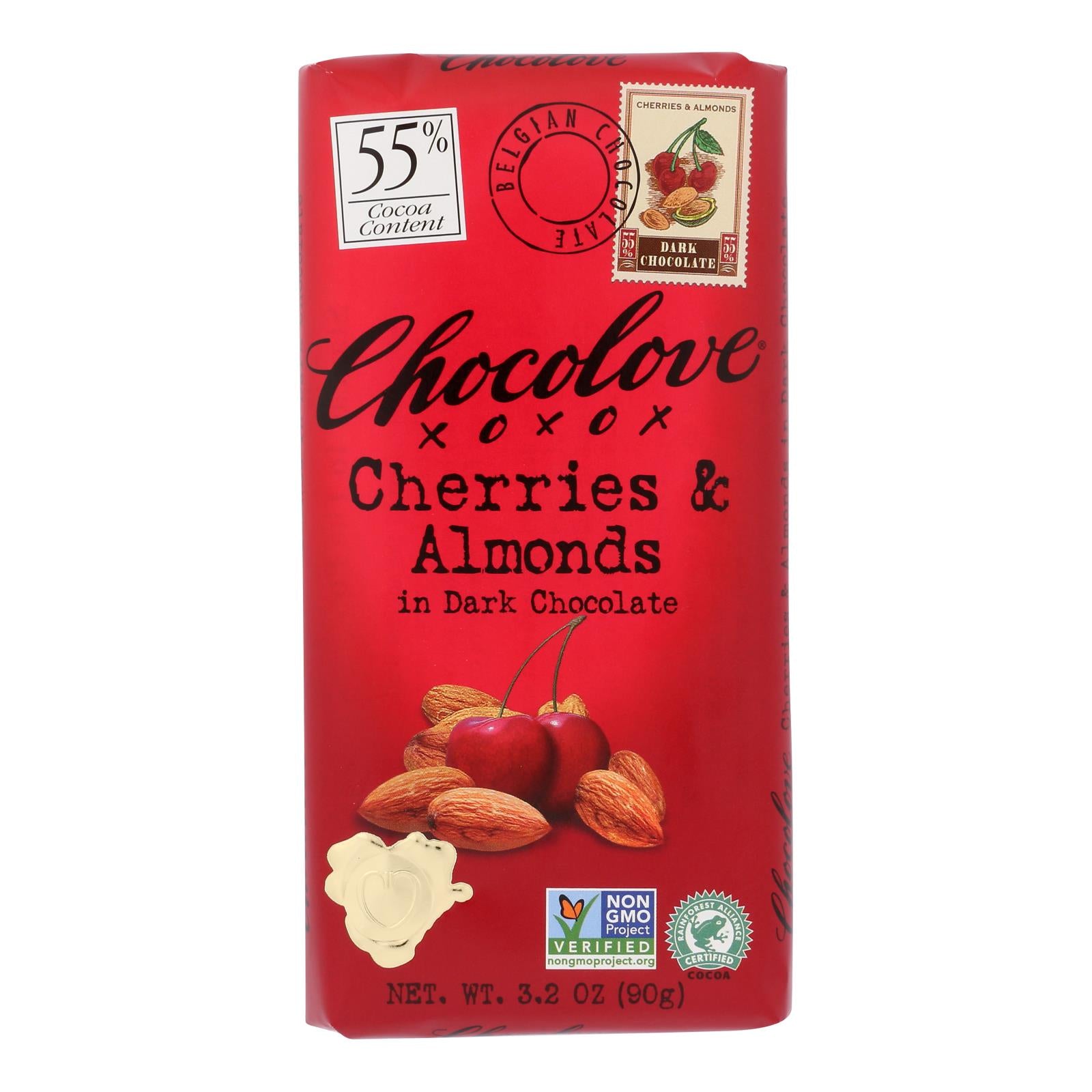 Chocolove Xoxox - Premium Chocolate Bar - Dark Chocolate - Cherries And Almonds - 3.2 Oz Bars - Case Of 12 - GreatEagleInc