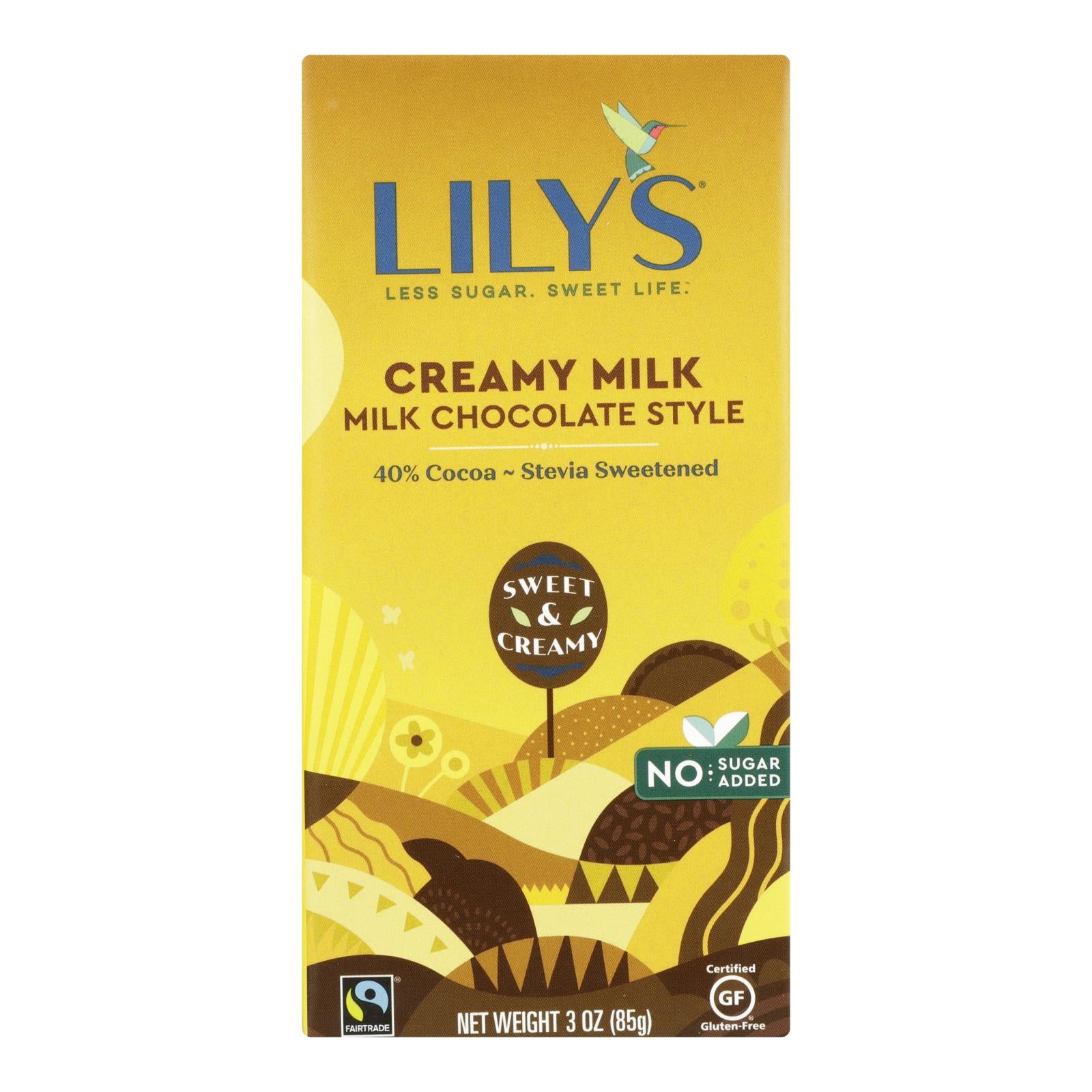 Lily's Sweets Chocolate Bar - Creamy Milk Chocolate - 40 Percent Cocoa - 3 Oz Bars - Case Of 12 - GreatEagleInc