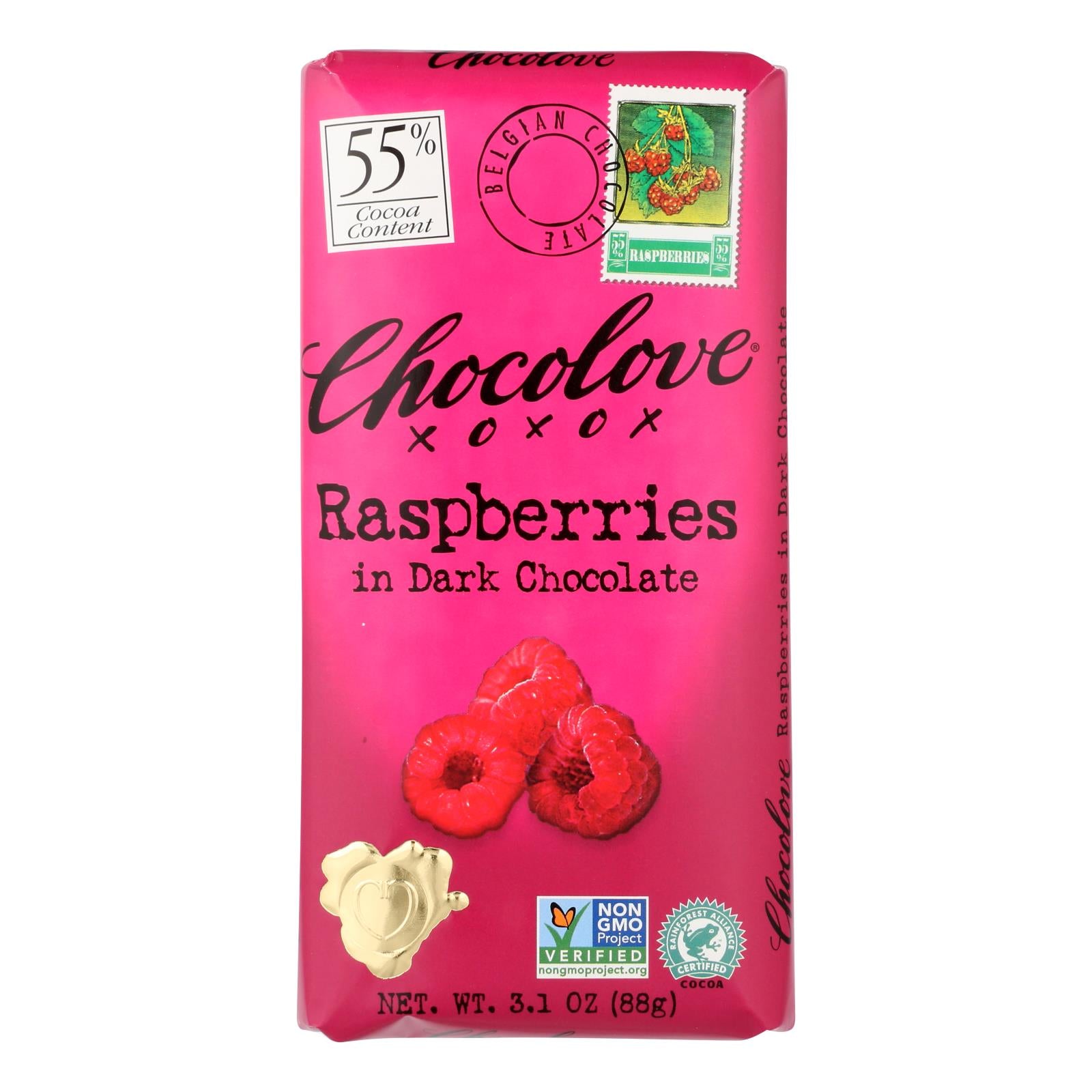 Chocolove Xoxox - Premium Chocolate Bar - Dark Chocolate - Raspberries - 3.1 Oz Bars - Case Of 12 - GreatEagleInc
