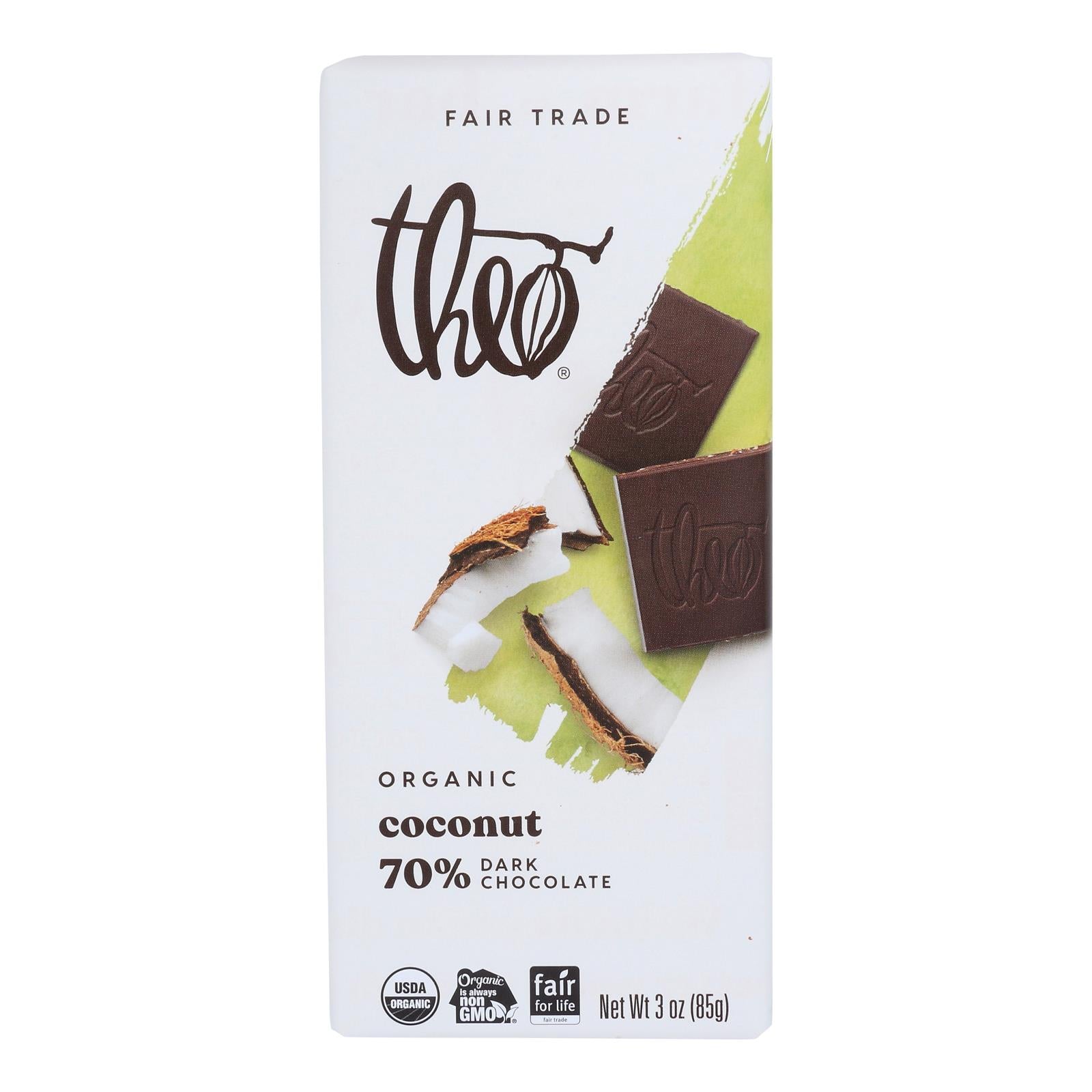 Theo Chocolate Organic Chocolate Bar - Classic - Dark Chocolate - 70 Percent Cacao - Coconut - 3 Oz Bars - Case Of 12 -…