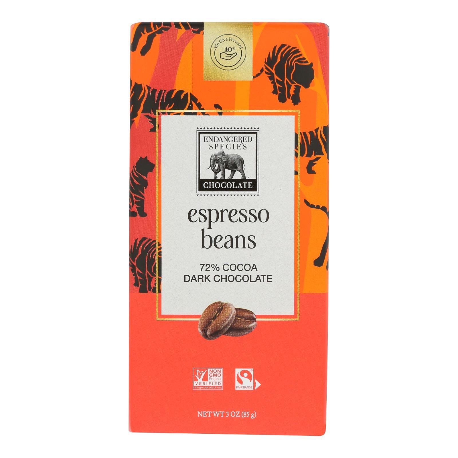 Endangered Species Natural Chocolate Bars - Dark Chocolate - 72 Percent Cocoa - Espresso Beans - 3 Oz Bars - Case Of 12 - GreatEagleInc