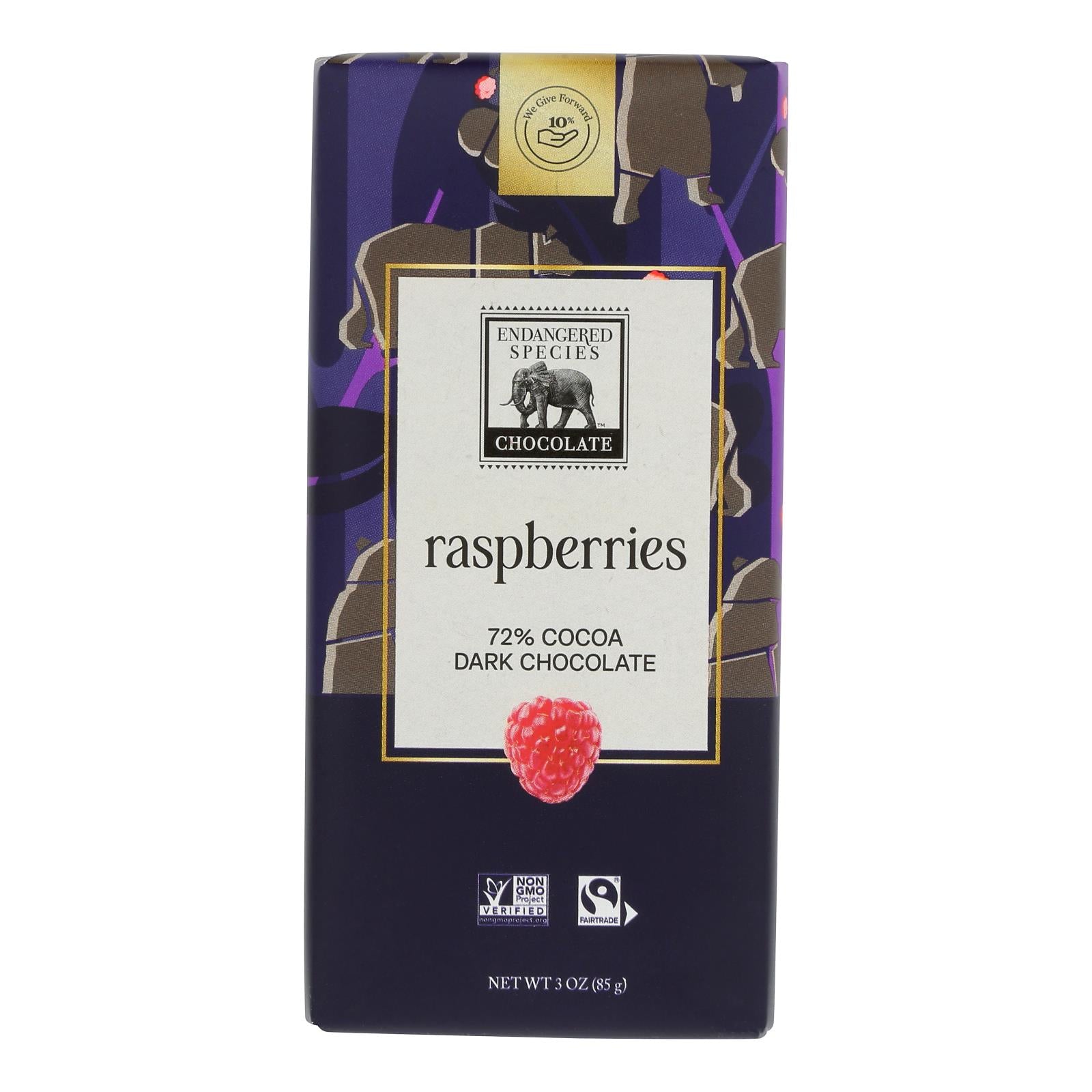 Endangered Species Natural Chocolate Bars - Dark Chocolate - 72 Percent Cocoa - Raspberries - 3 Oz Bars - Case Of 12 - GreatEagleInc