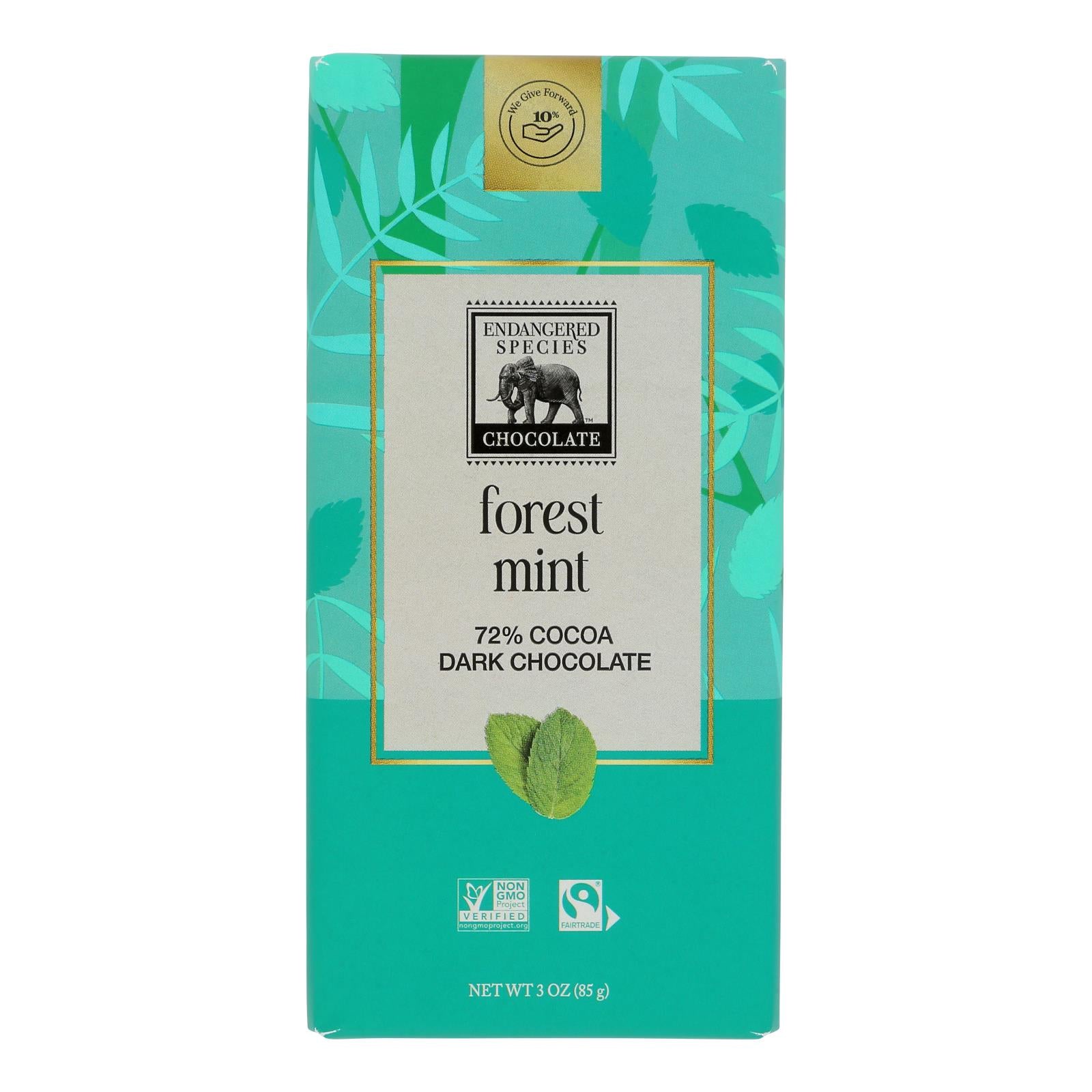Endangered Species Natural Chocolate Bars - Dark Chocolate - 72 Percent Cocoa - Forest Mint - 3 Oz Bars - Case Of 12 - GreatEagleInc