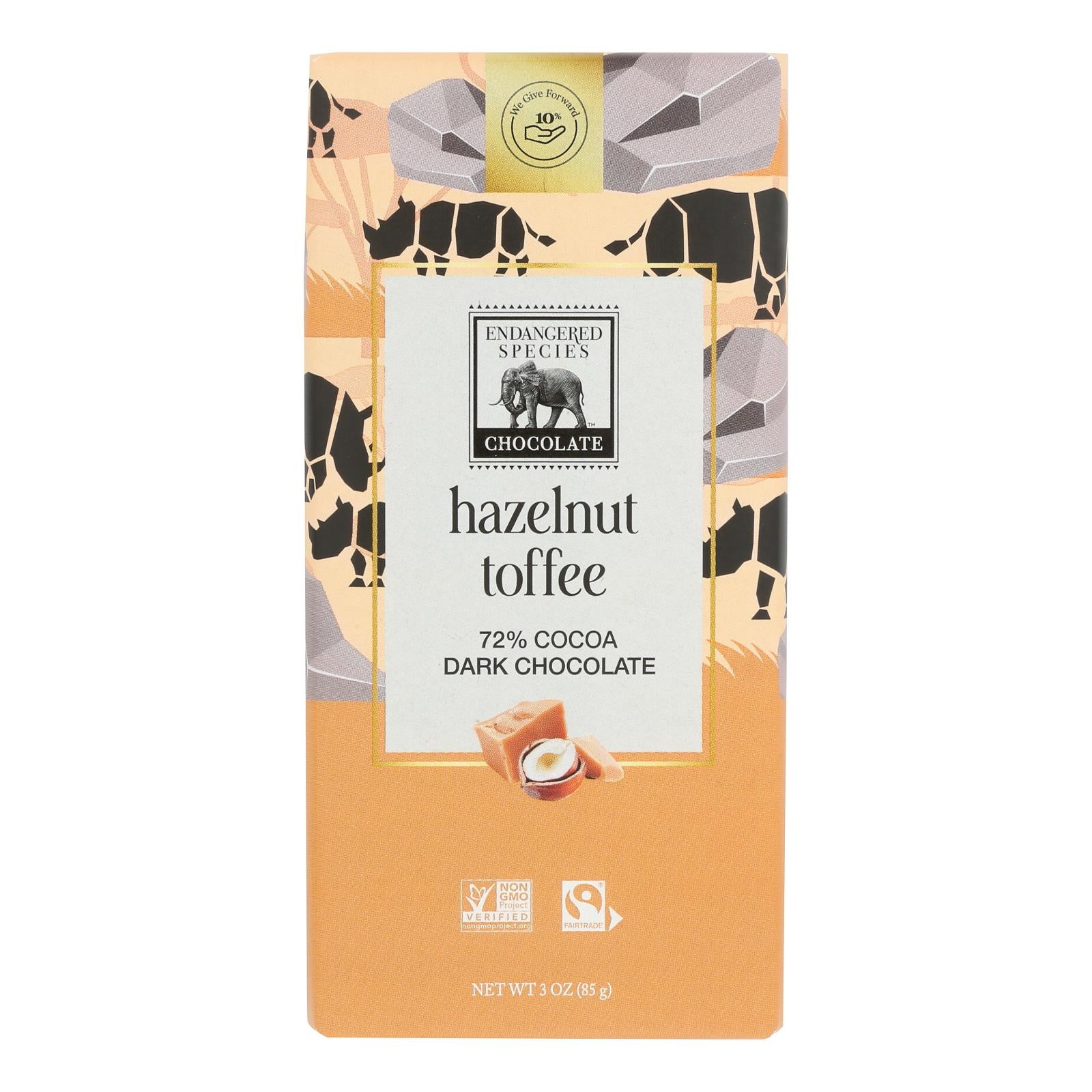 Endangered Species Natural Chocolate Bars - Dark Chocolate - 72 Percent Cocoa - Hazelnut Toffee - 3 Oz Bars - Case Of 12 -…