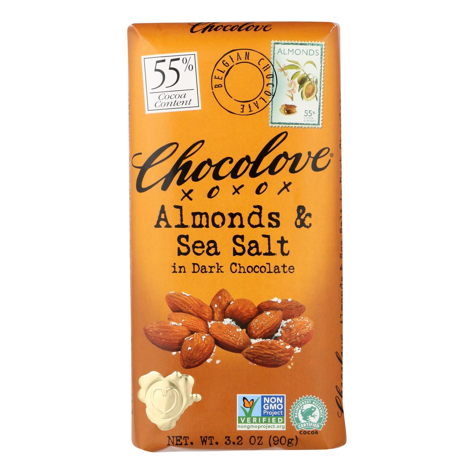 Chocolove Xoxox - Premium Chocolate Bar - Dark Chocolate - Almonds And Sea Salt - 3.2 Oz Bars - Case Of 12 - GreatEagleInc