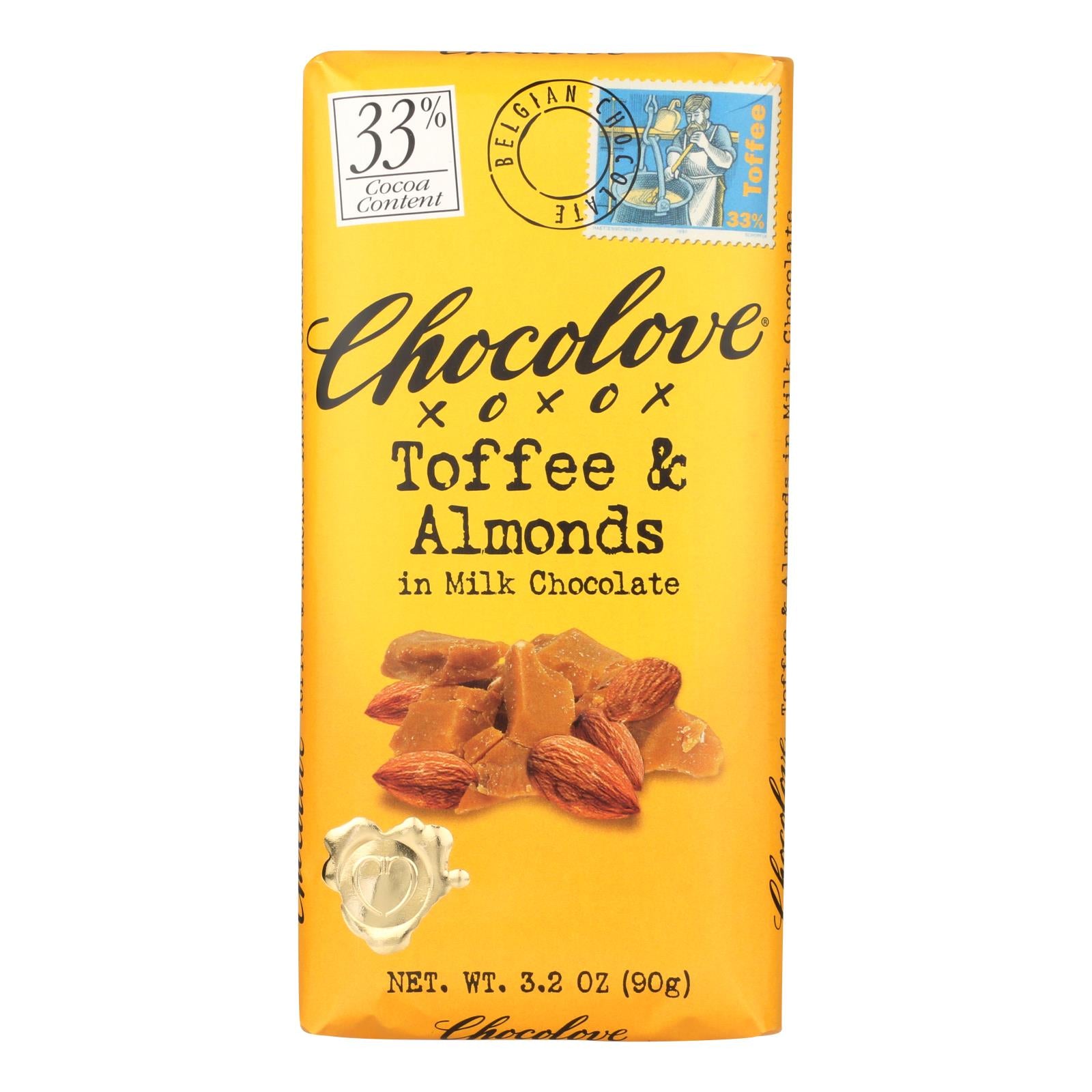 Chocolove Xoxox - Premium Chocolate Bar - Milk Chocolate - Toffee And Almonds - 3.2 Oz Bars - Case Of 12 - GreatEagleInc