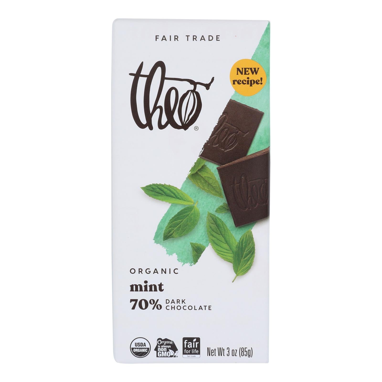 Theo Chocolate Organic Chocolate Bar - Classic - Dark Chocolate - 70 Percent Cacao - Mint - 3 Oz Bars - Case Of 12 -…