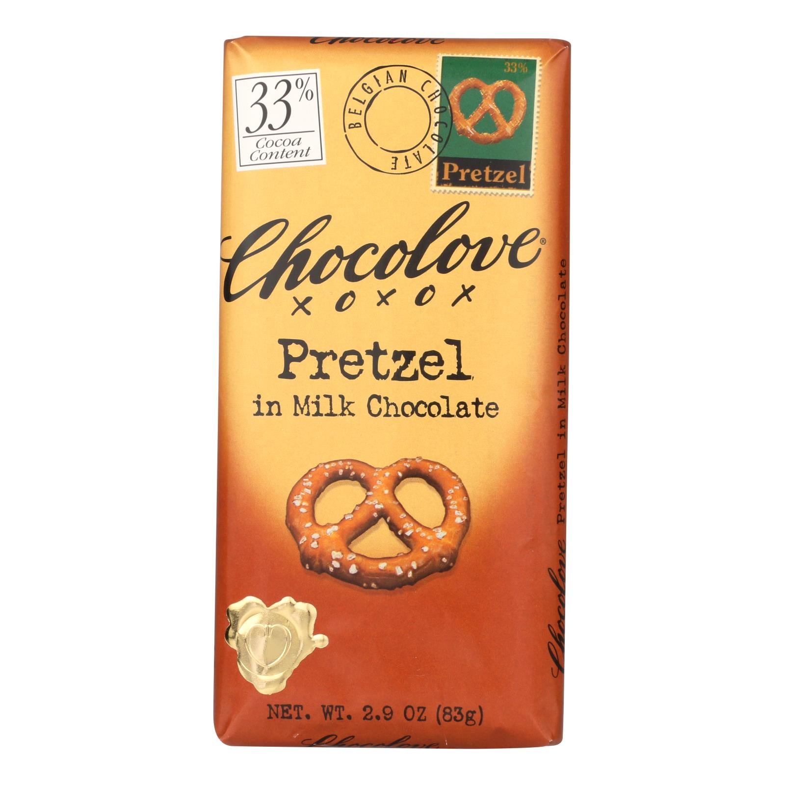 Chocolove Xoxox - Premium Chocolate Bar - Milk Chocolate - Pretzel - 2.9 Oz Bars - Case Of 12 - GreatEagleInc