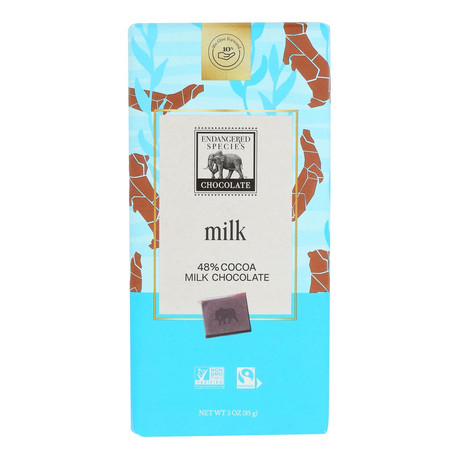 Endangered Species Natural Chocolate Bars - Milk Chocolate - 48 Percent Cocoa - 3 Oz Bars - Case Of 12 - GreatEagleInc