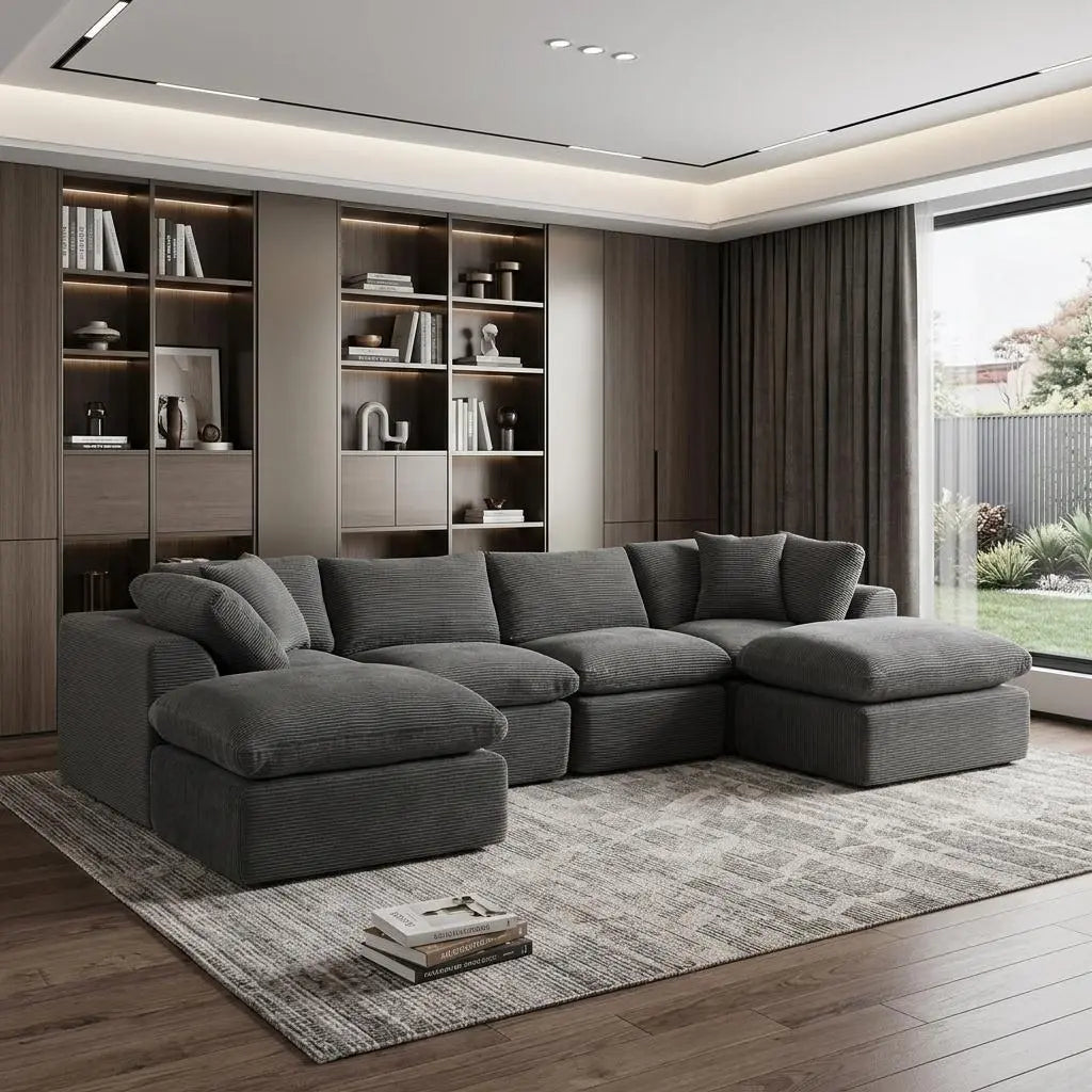 140" Dark Gray Corduroy Modular Sofa With Ottoman And Toss Pillows Homeroots Living Room