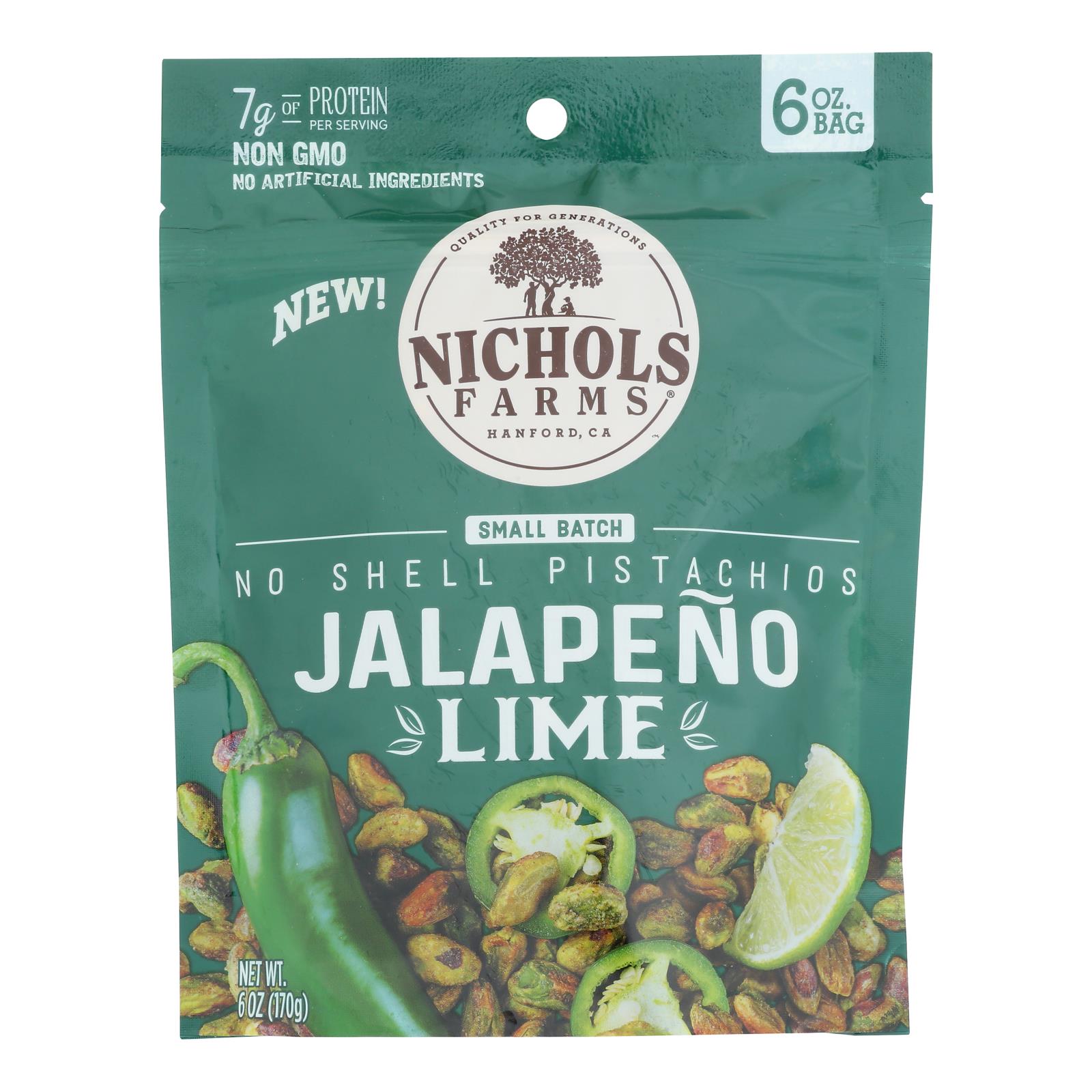 Nichols Farms - Pistachio No Shell Jumbo Lime - Case Of 15-6 Ounces - GreatEagleInc