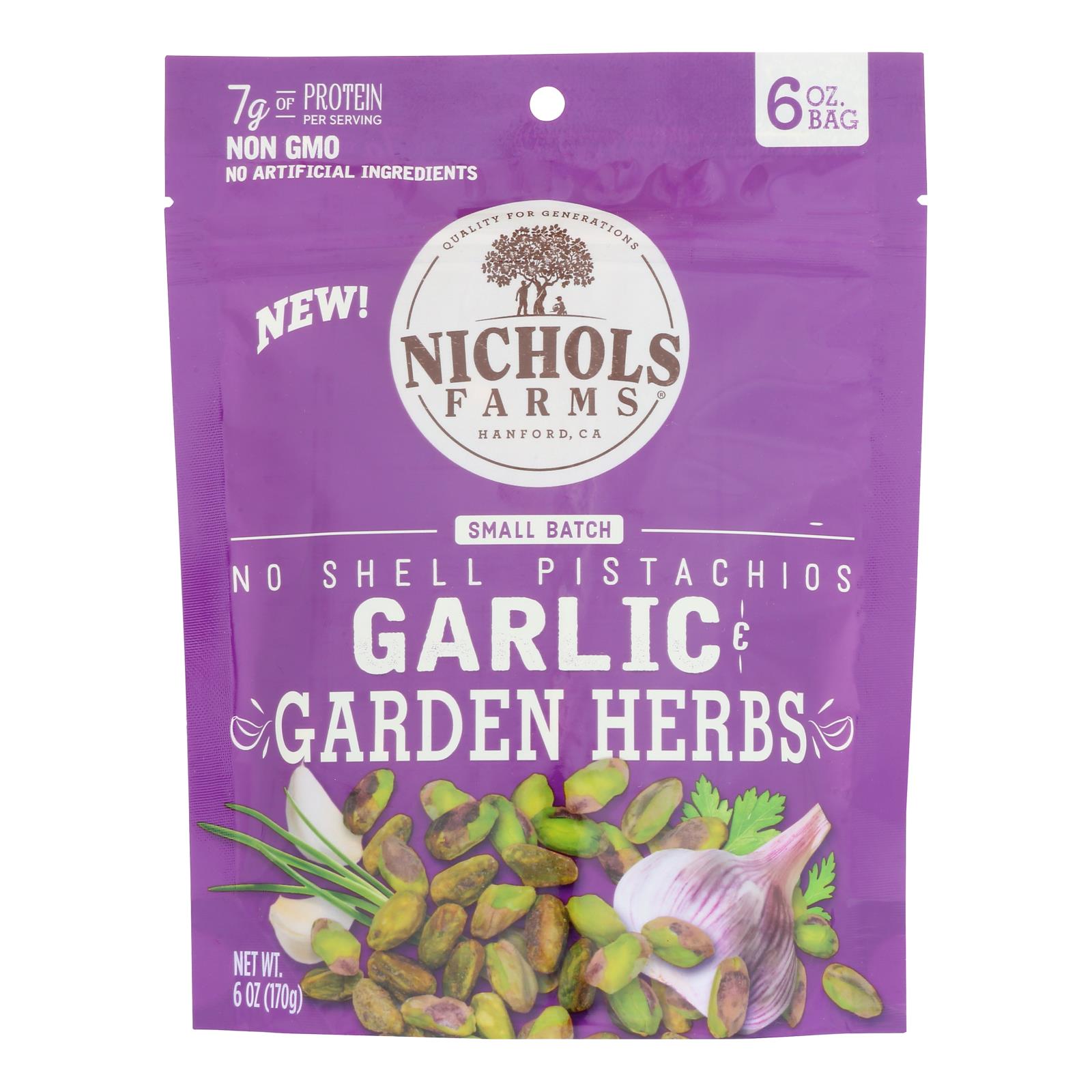 Nichols Farms - Pistachio No Shell Garlic Herbs - Case Of 15-6 Ounces - GreatEagleInc