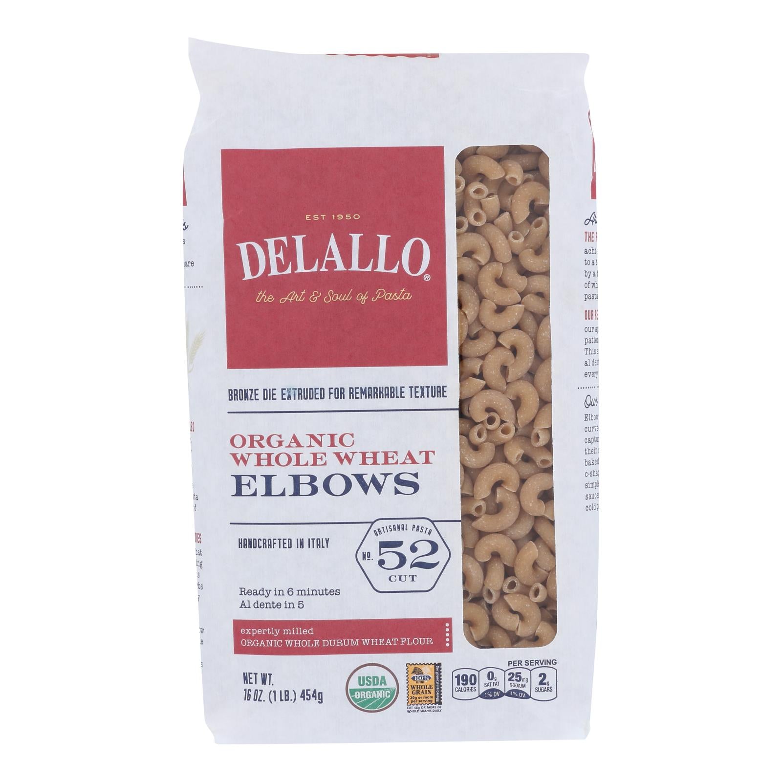Delallo - Pasta Organic Elbows Whole Wheat #52 - Case Of 12-16 Ounces - GreatEagleInc