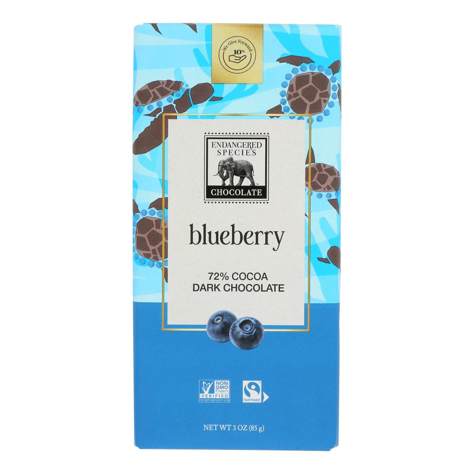 Endangered Species Natural Chocolate Bars - Dark Chocolate - 72 Percent Cocoa - Blueberries - 3 Oz Bars - Case Of 12 - GreatEagleInc