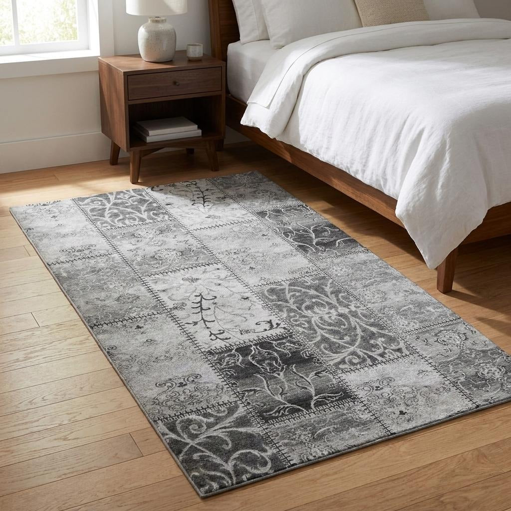 3' X 5' Gray And Silver Floral Shag Washable Area Rug With UV Protection - Home & Garden