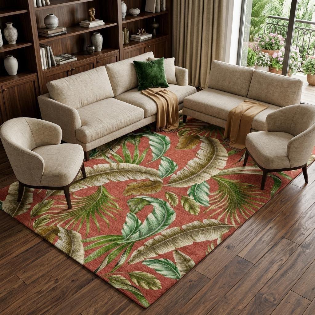 10' X 14' Red And Chocolate Floral Shag Washable Area Rug With UV Protection - Home & Garden