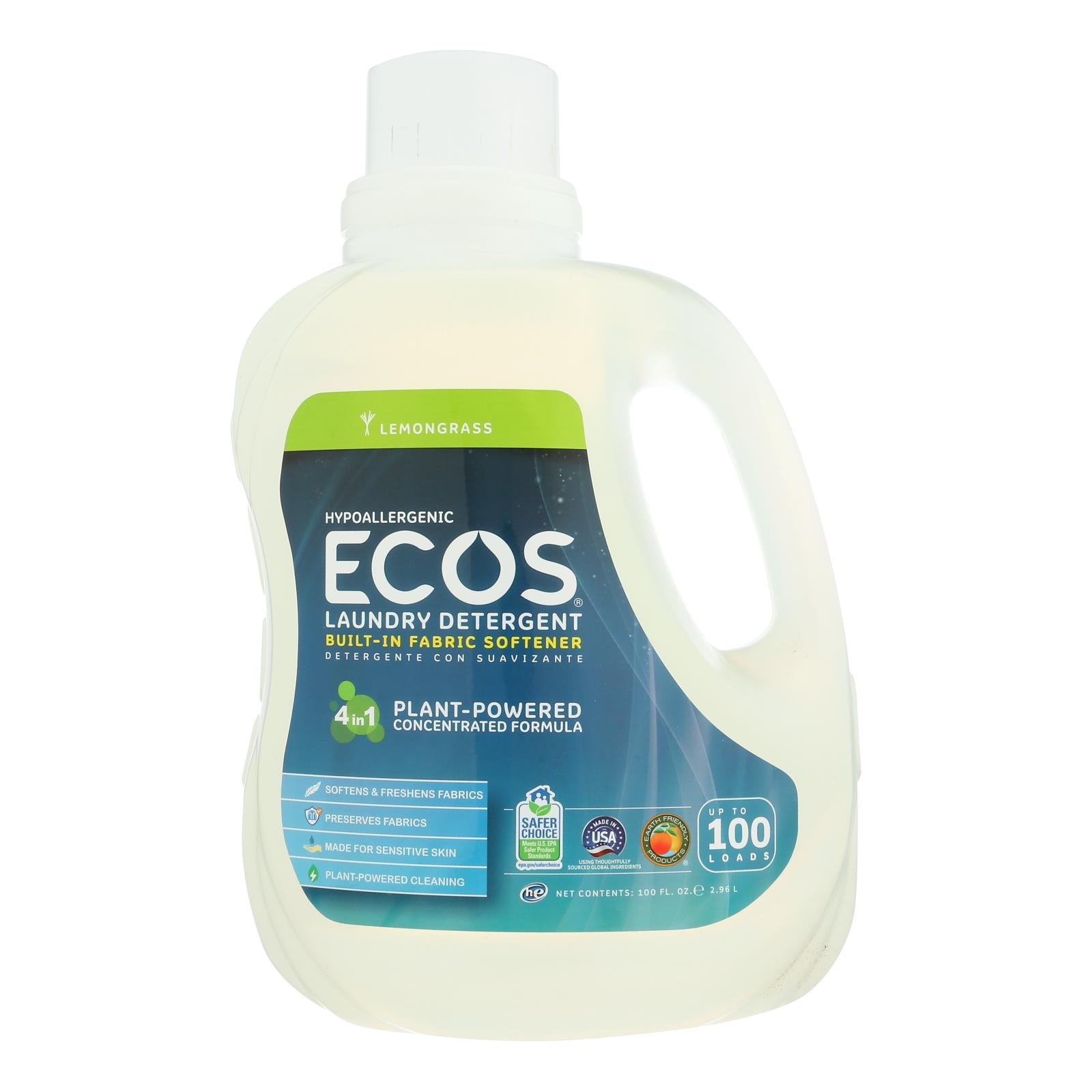 Earth Friendly Ecos Ultra 2x All Natural Laundry Detergent - Lemongrass - Case Of 4 - 100 Fl Oz - GreatEagleInc