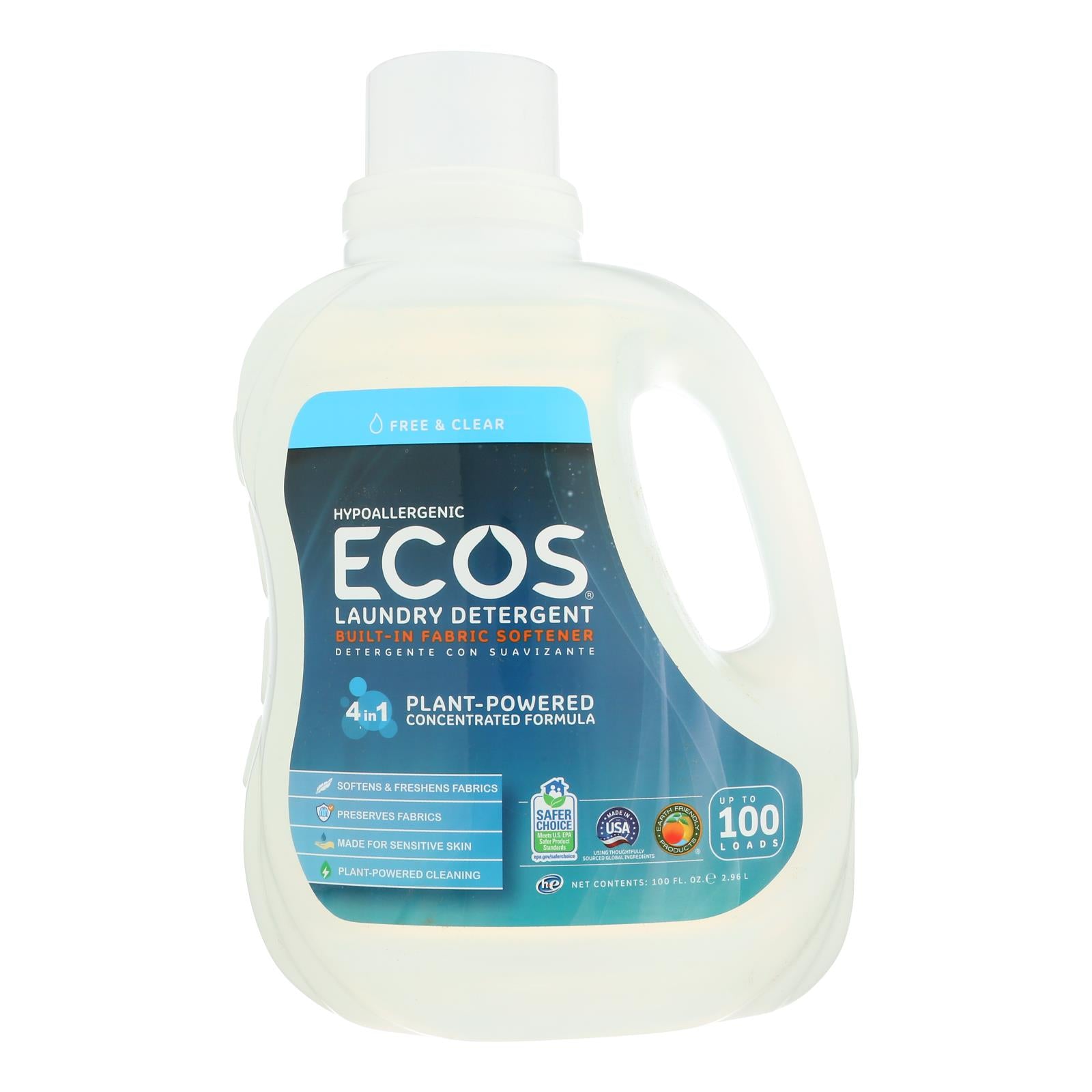 Earth Friendly Ecos Ultra 2x All Natural Laundry Detergent - Free And Clear - Case Of 4 - 100 Fl Oz - GreatEagleInc
