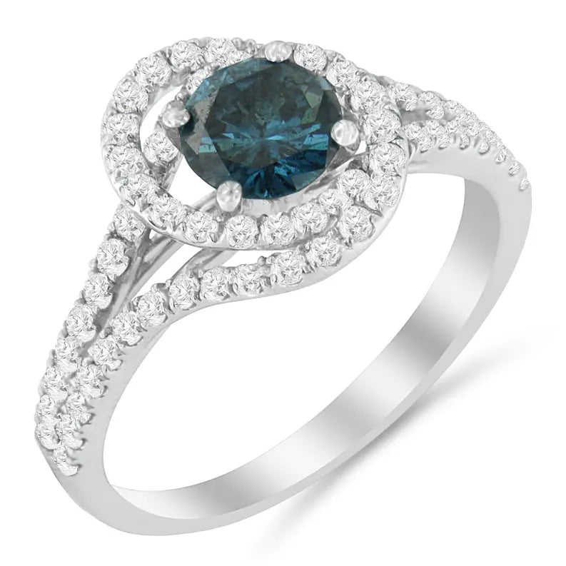 14K White Gold 1-1/3 Cttw White & Blue Diamond Interweaving Double Halo Cocktail Statement Ring (G-H and Fancy Blue Color, SI2-I1 Clarity) Luxcom