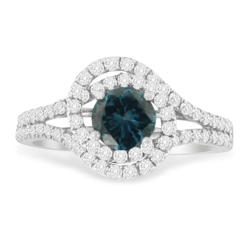 14K White Gold 1-1/3 Cttw White & Blue Diamond Interweaving Double Halo Cocktail Statement Ring (G-H and Fancy Blue Color, SI2-I1 Clarity) Luxcom