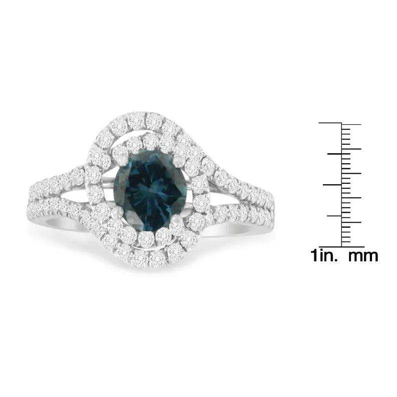 14K White Gold 1-1/3 Cttw White & Blue Diamond Interweaving Double Halo Cocktail Statement Ring (G-H and Fancy Blue Color, SI2-I1 Clarity) Luxcom