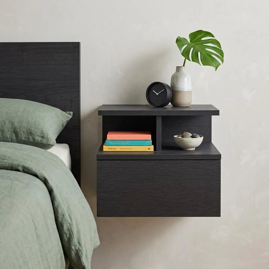 14" Black Wood One Drawer Floating Nightstand Homeroots Bed & Bath