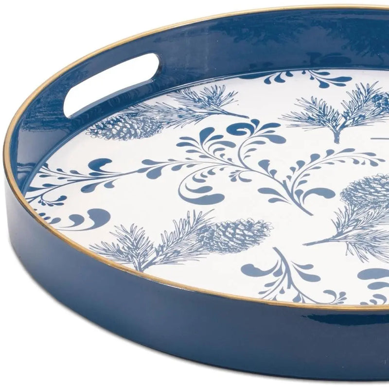 14" Blue White And Gold Pinecone Round Serving Tray Homeroots Kitchen & Dining