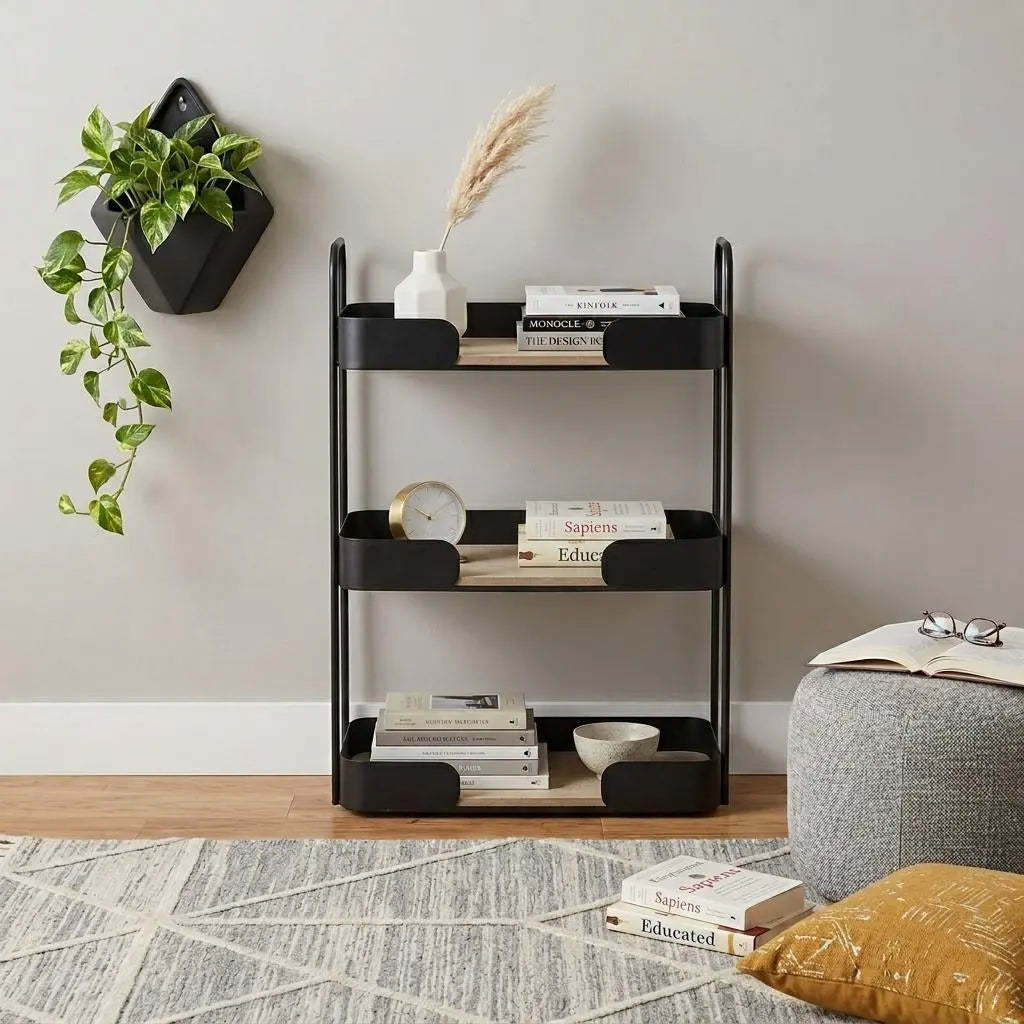 14" Brown Distressed Metal and Wood Two Tier Etagere Bookcase Homeroots Office