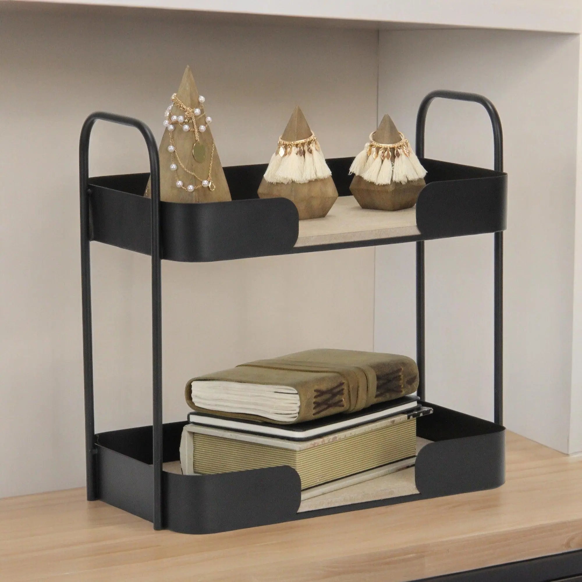 14" Brown Distressed Metal and Wood Two Tier Etagere Bookcase Homeroots Office