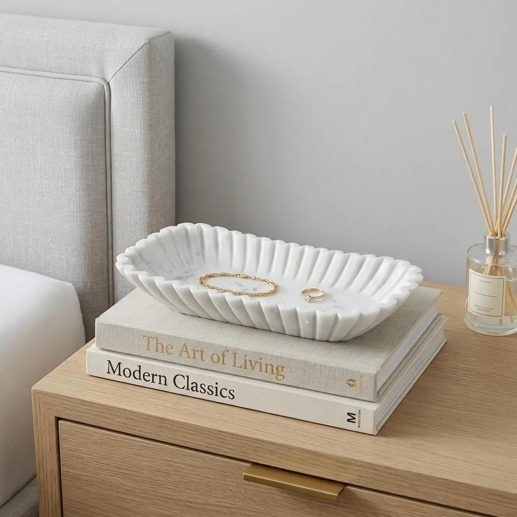 14" White Marble Fluted Oblong Tray Homeroots Kitchen & Dining