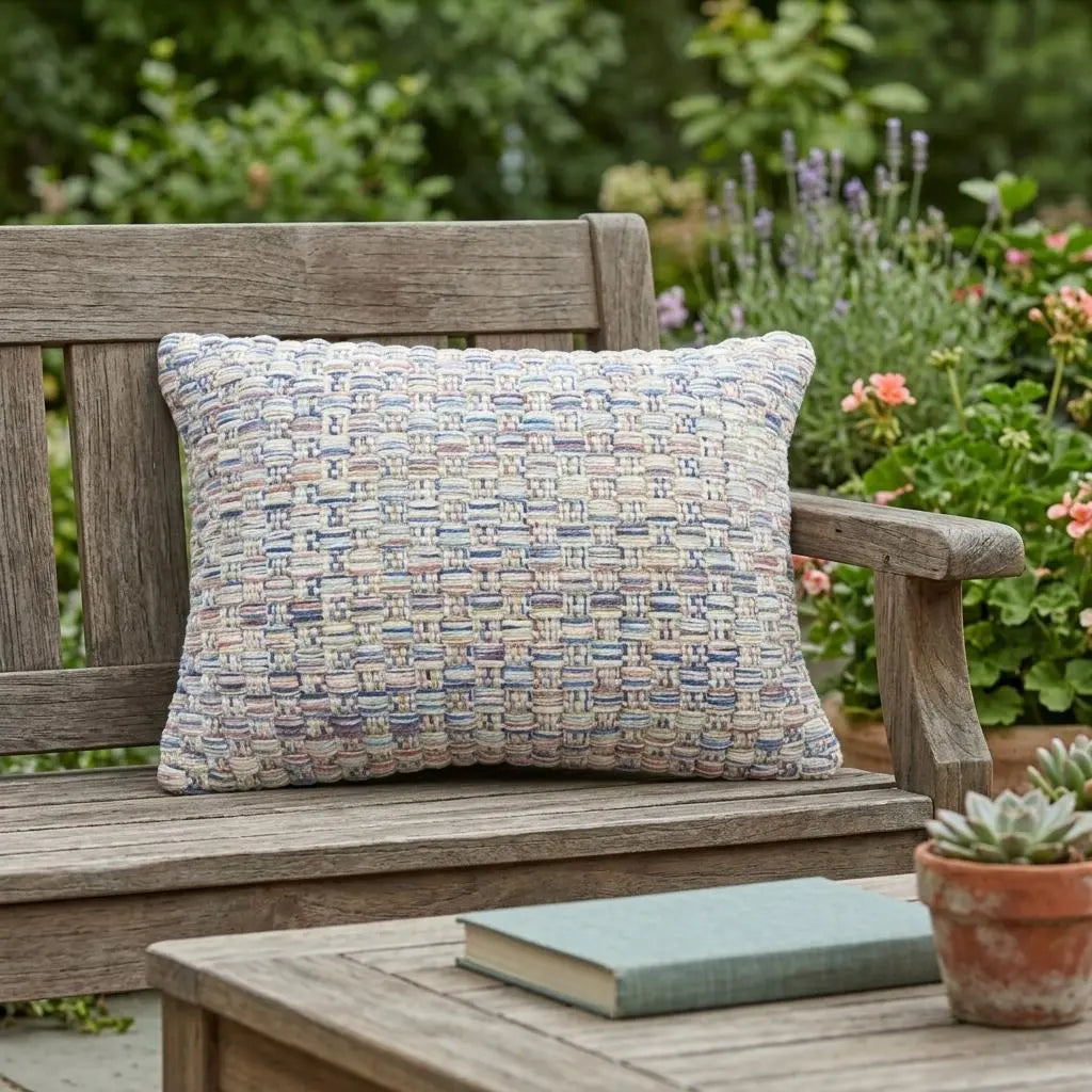 14" X 20" Blue and Off White Woven Indoor Outdoor Throw Pillow With Texture Homeroots Outdoor