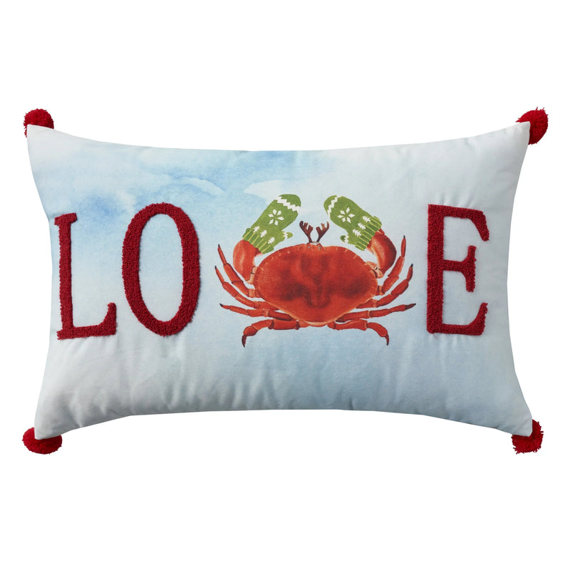 Red crab love decorative pillow with blue background and pom-pom details, perfect for coastal-themed decor.