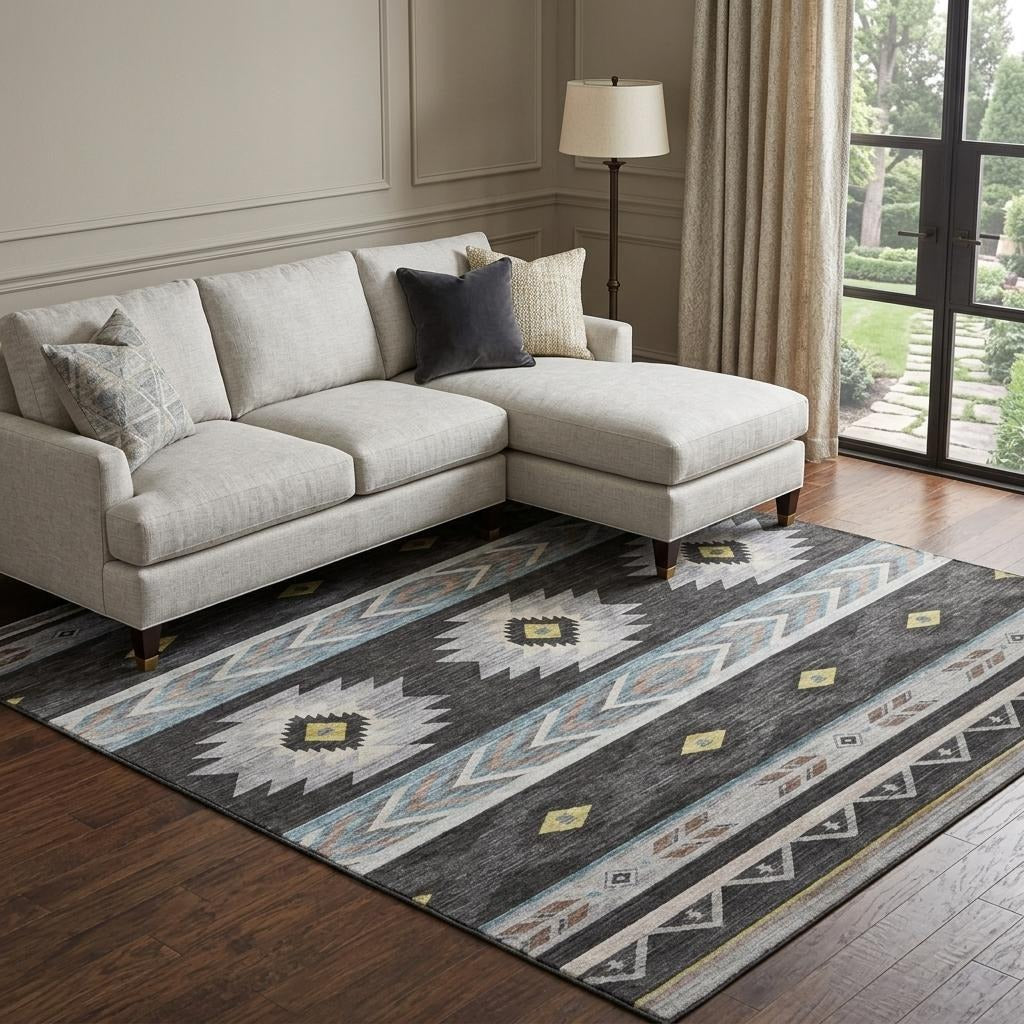 10' X 14' Midnight And Charcoal Geometric Shag Washable Area Rug With UV Protection - Home & Garden