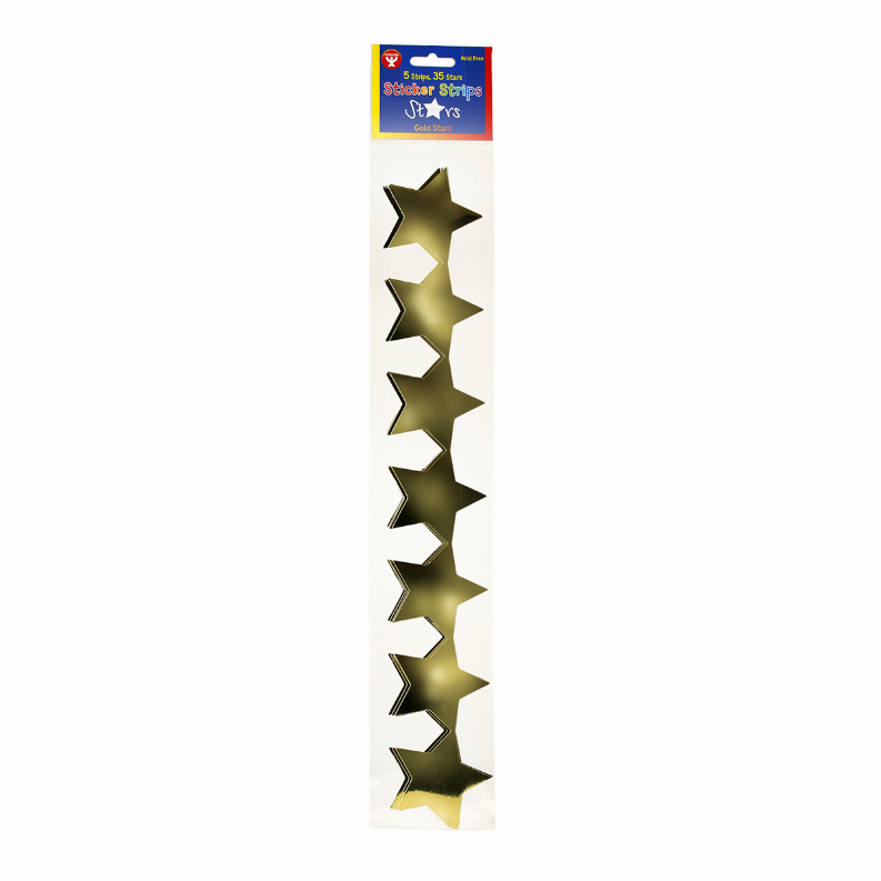 Gold star sticker strips with five-point stars on adhesive backing