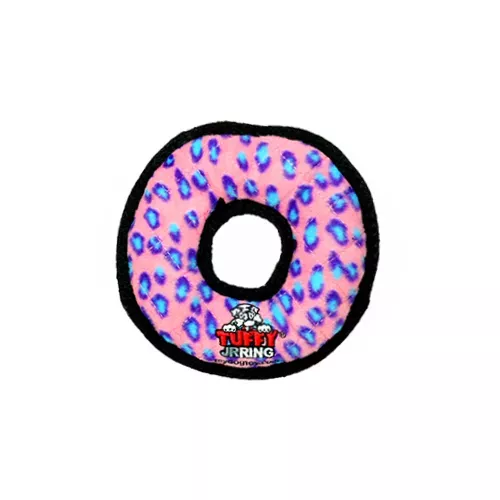 Pink donut-style ring dog toy with leopard paw print and Tuffy Jr Ring logo