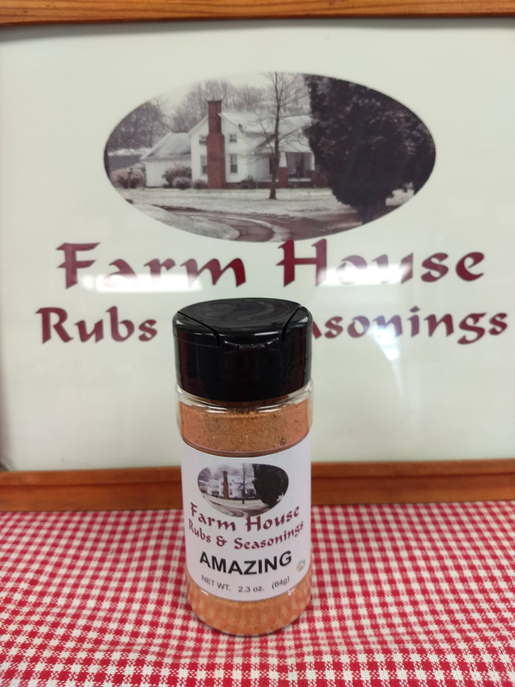Farm House Amazing Seasoning bottle with black cap and brown spice label, 2.3 oz
