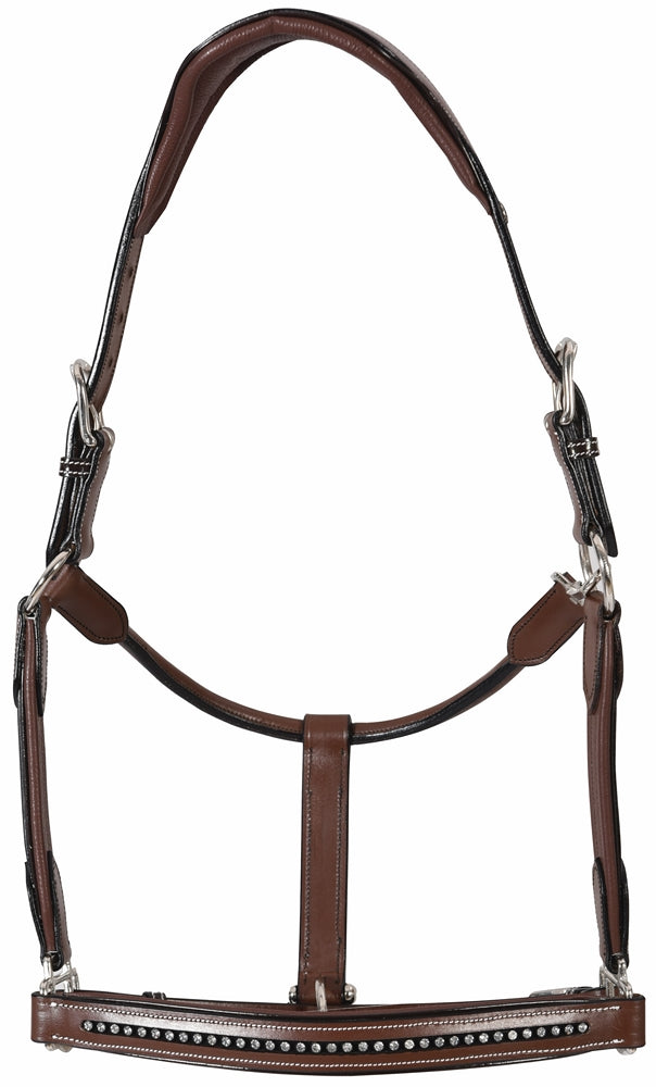 Brown leather halter with crystal-studded browband and padded cheek straps