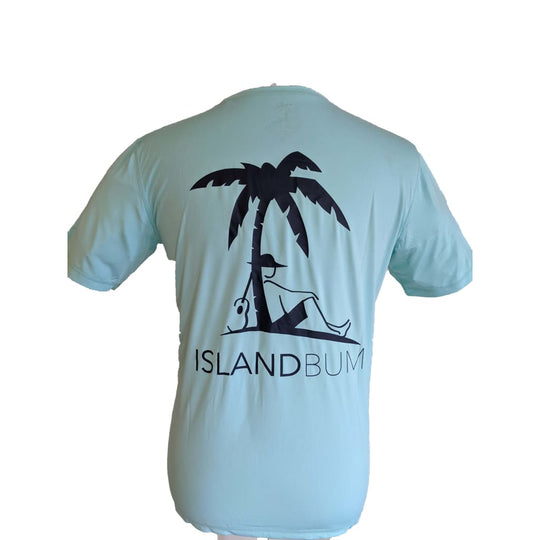 Light blue short-sleeve shirt with back palm-tree graphic and ISLANDBUM