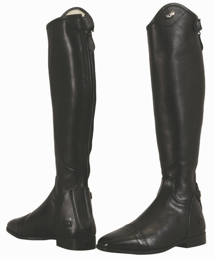 Women’s leather dress boots, black tall shaft with side buckles and low heel