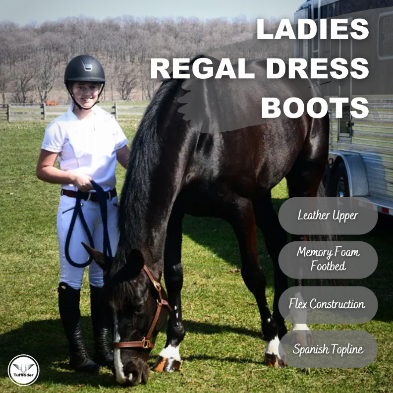 Women’s leather dress boots, black with tall shaft strap detail and low heel