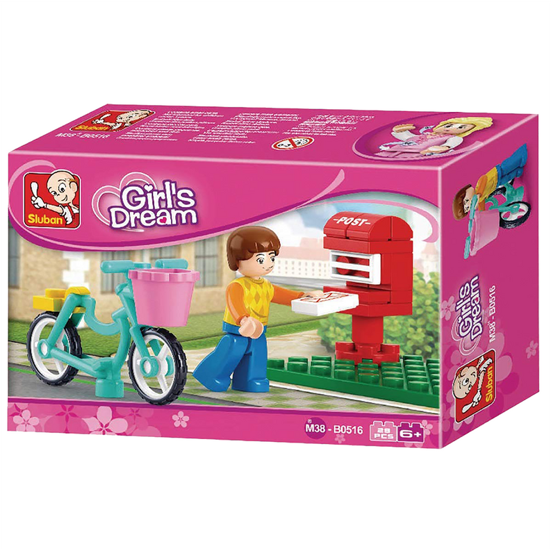 Kids building brick kit with girl, red mailbox, and bicycle parts (29 pcs)