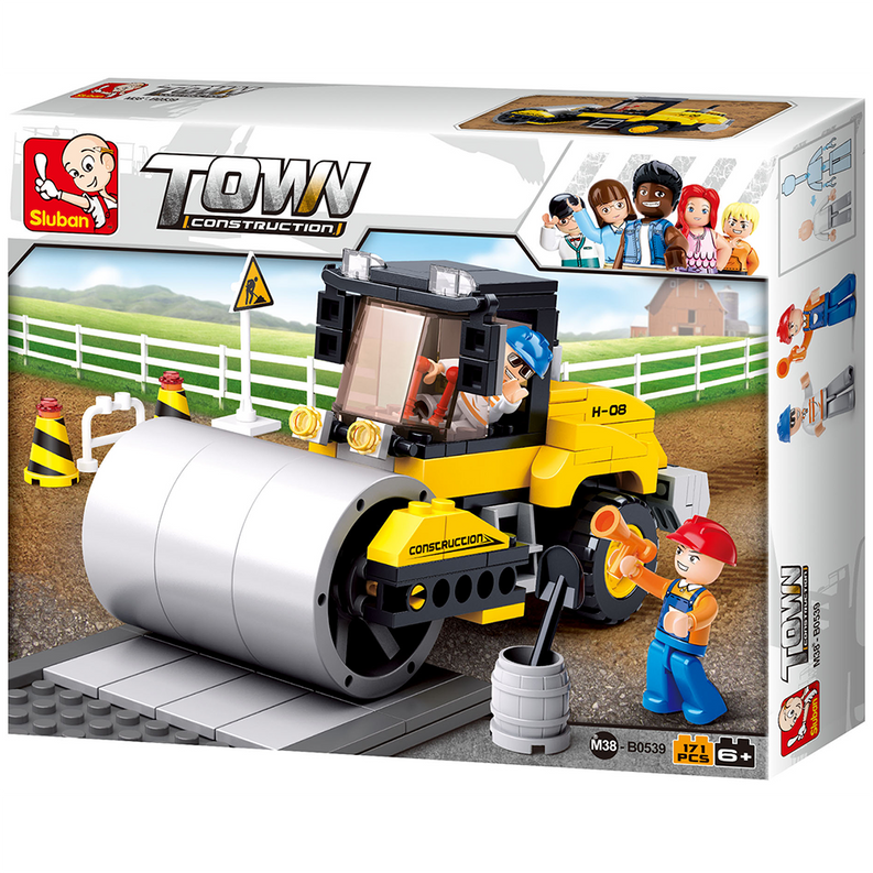 Yellow and black toy street roller building kit with gray drum, 171 pieces