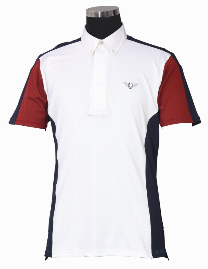 Men’s show polo shirt, white with red sleeves and navy trim, short sleeves, collar